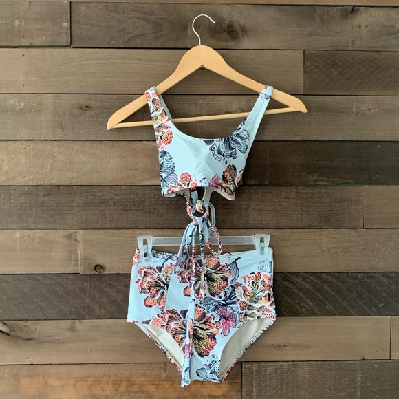 Kulani Kinis Other - Kulani Kinis Women's Blue Copper Floral Print High Waisted Bikini Swim Set